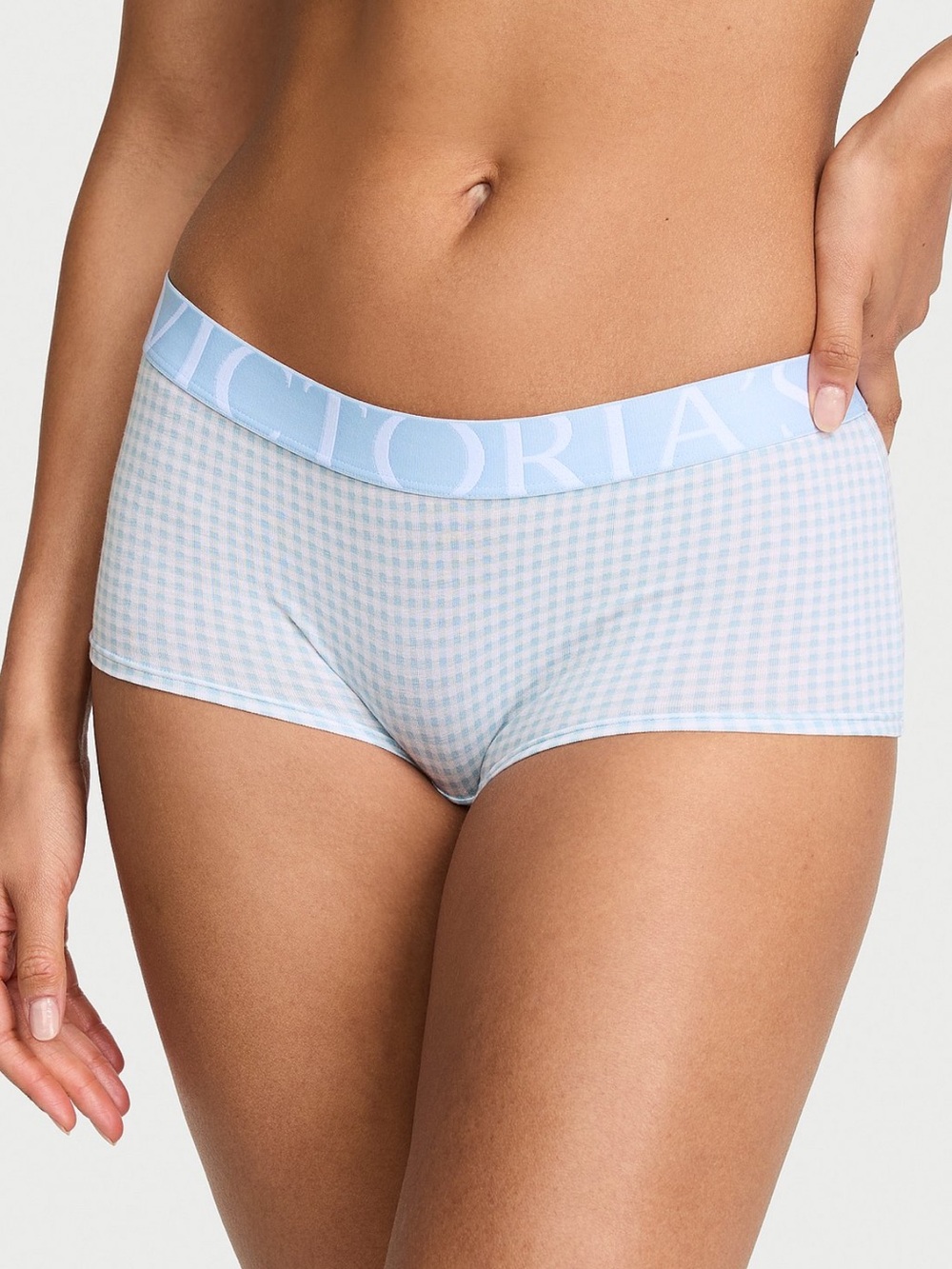 VICTORIA’S SECRET SoSoft Ultra-Fine Exploded Logo Boyshort Linen Blue Gingham L